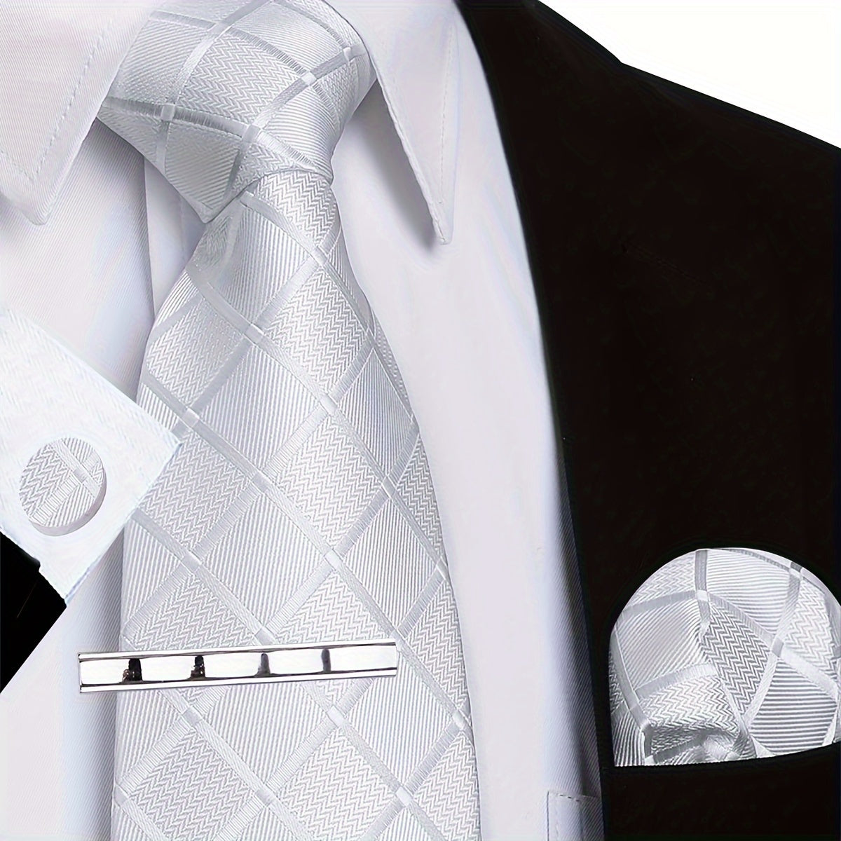 Men's Plaid Tie Set with Square Scarf Cufflinks for Weddings and Parties