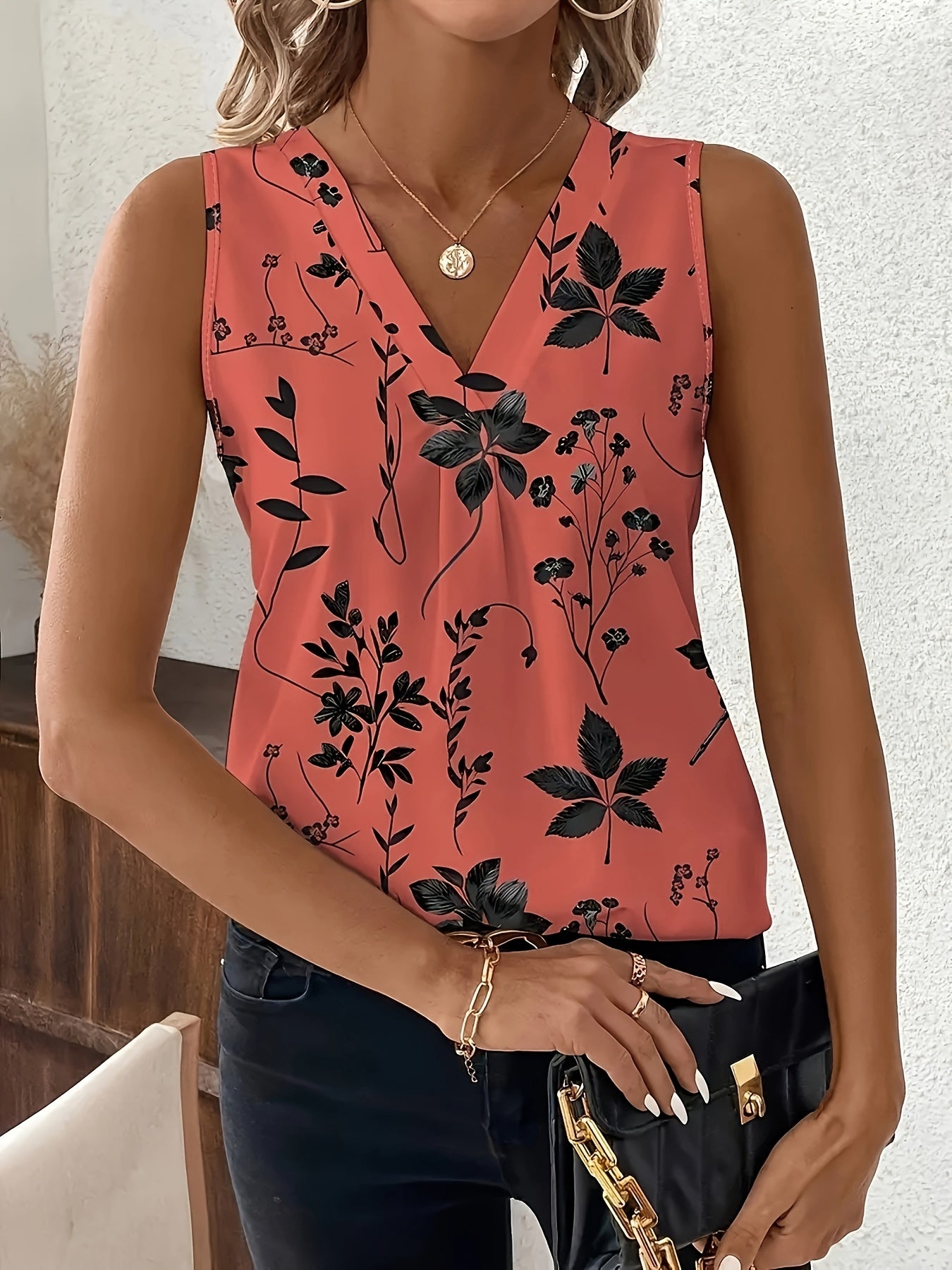 Women’s Floral Print Sleeveless V-Neck Tank Top Polyester Black Beige Casual Formal