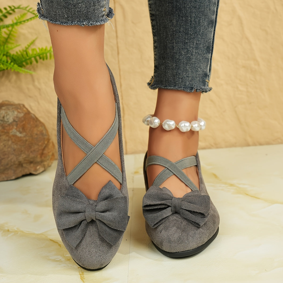 Women's Gray Mary Jane Flats with Bow - Lightweight Slip-On Comfort Shoes