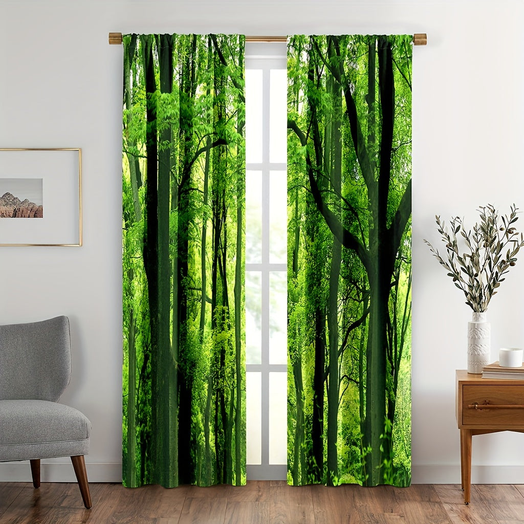 Set of 2 Forest Green Tree Curtains Jungle Branches Nature Scenery Window Treatment