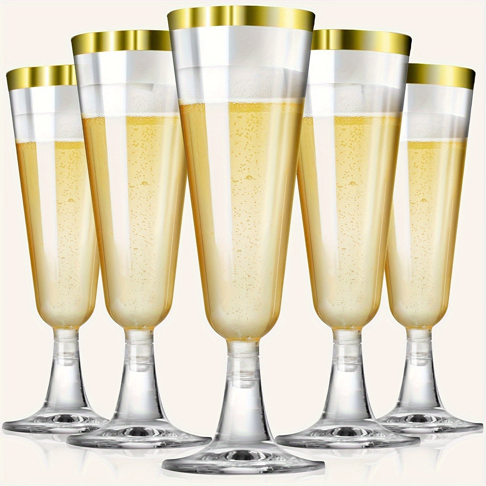 25 Pack Plastic Champagne Flutes 5.5 Oz Gold Rim Recyclable Party Glasses
