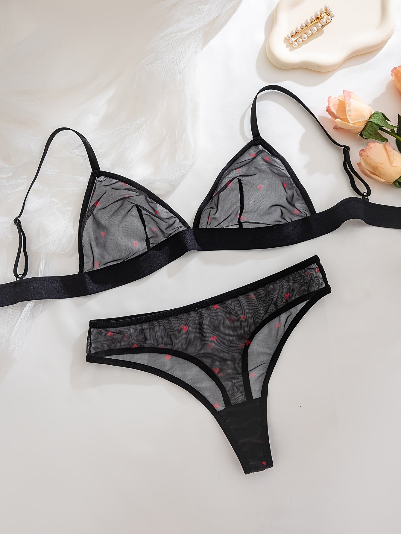 Black and Red Heart Mesh Lingerie Set Sheer Back Bra and Low-Rise Thong