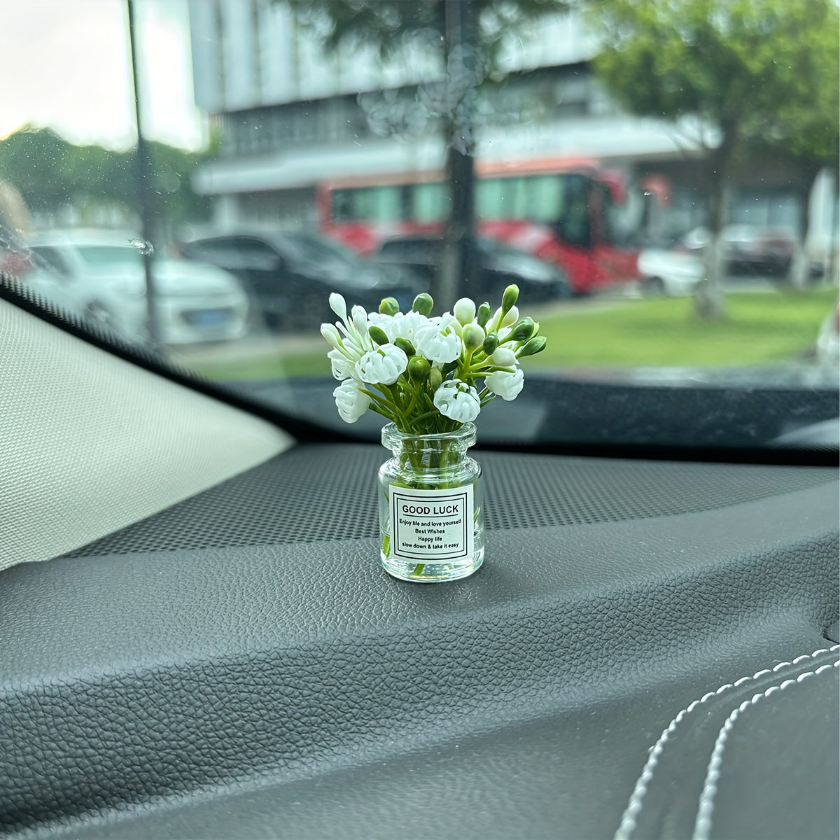 Mini White Flower Arrangement in Glass Vase Car Dashboard Decoration Plastic Ornament