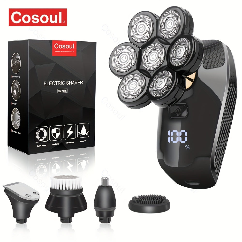 Afeitadora eléctrica 7 en 1 para hombres, recargable por USB, pantalla LED, cabezales flotantes, cortapelos, recortador de nariz y barba, lavable, cuerpo, batería de larga duración