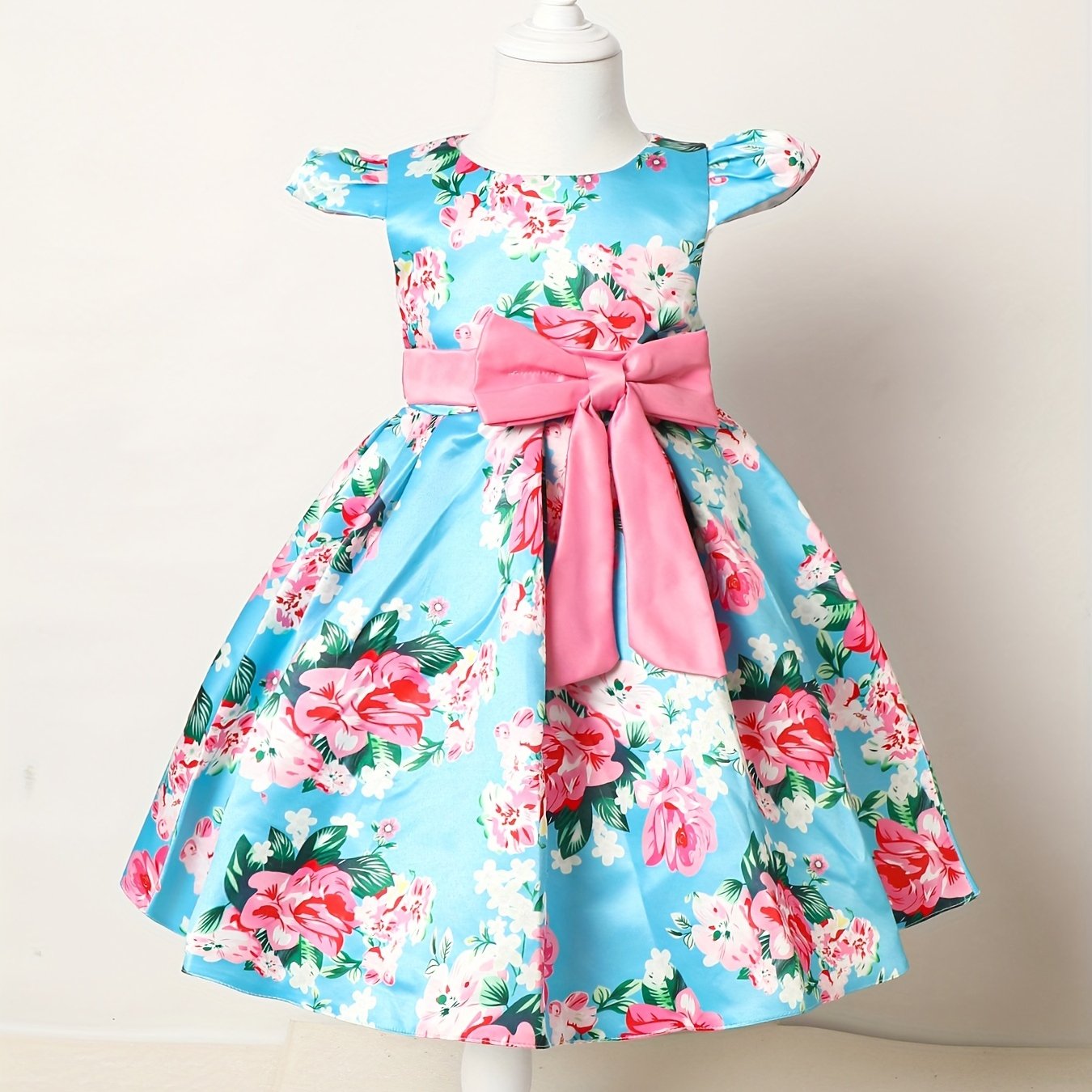 Girls Floral Print Midi Dress with Bowknot and Lace-up Details for Elegant Kids