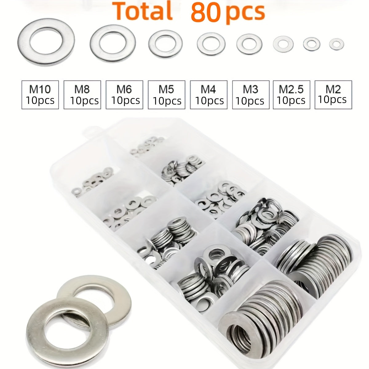 Набор плоских шайб из нержавеющей стали с контейнером для хранения для винтов и болтов