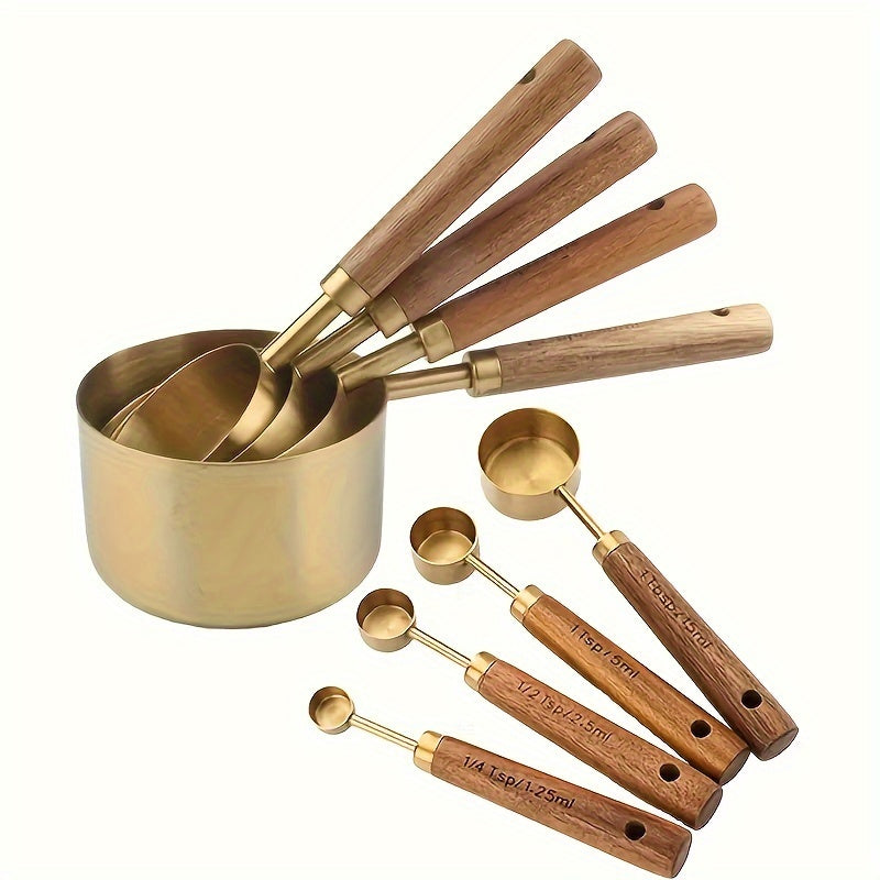 Juego de tazas y cucharas medidoras de acero inoxidable con mangos de madera de acacia de 8 piezas
