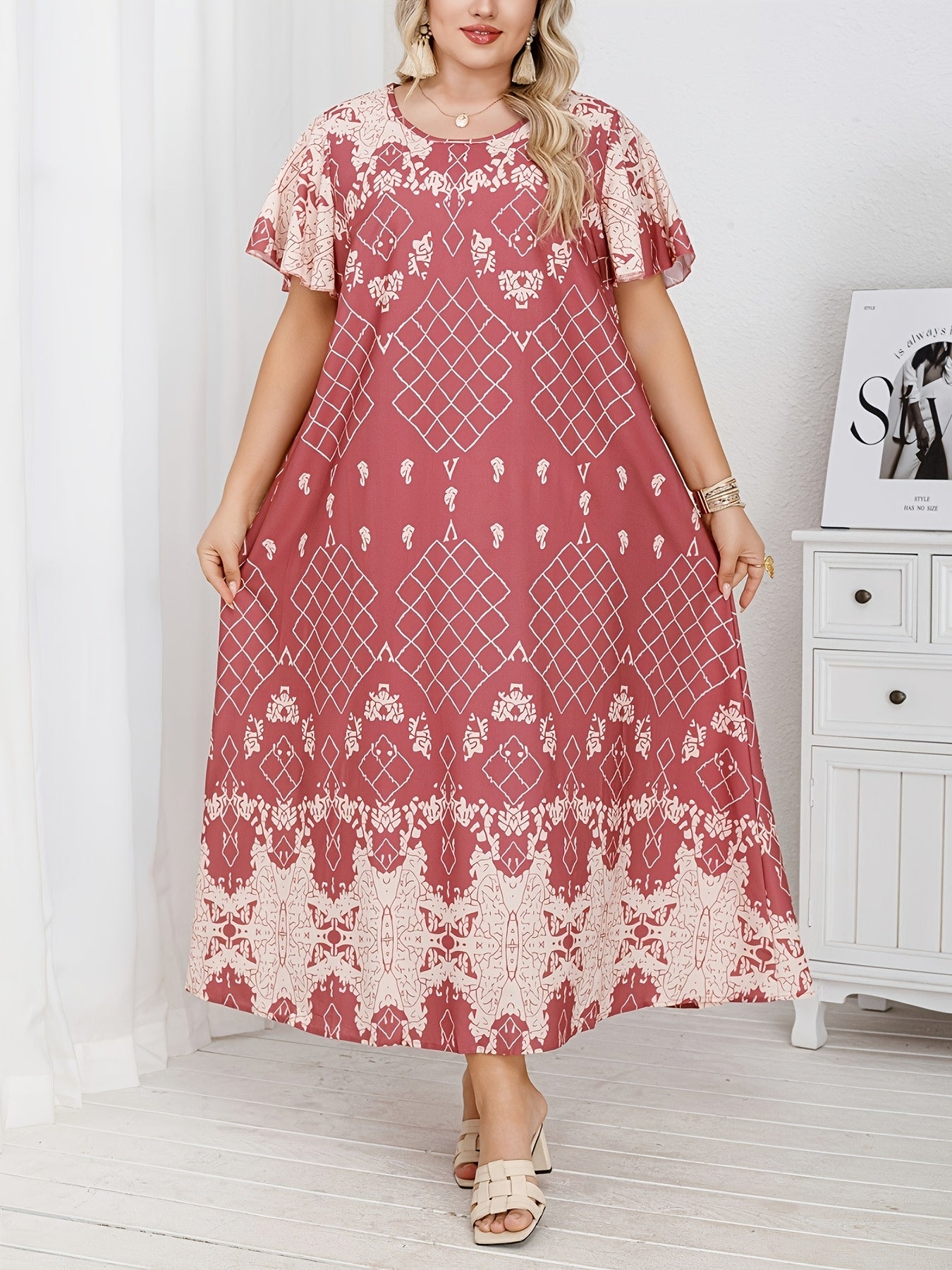 Plus Size Woven Polyester Blend Tunic Dress Crew Neck All-Season Middle Eastern Style