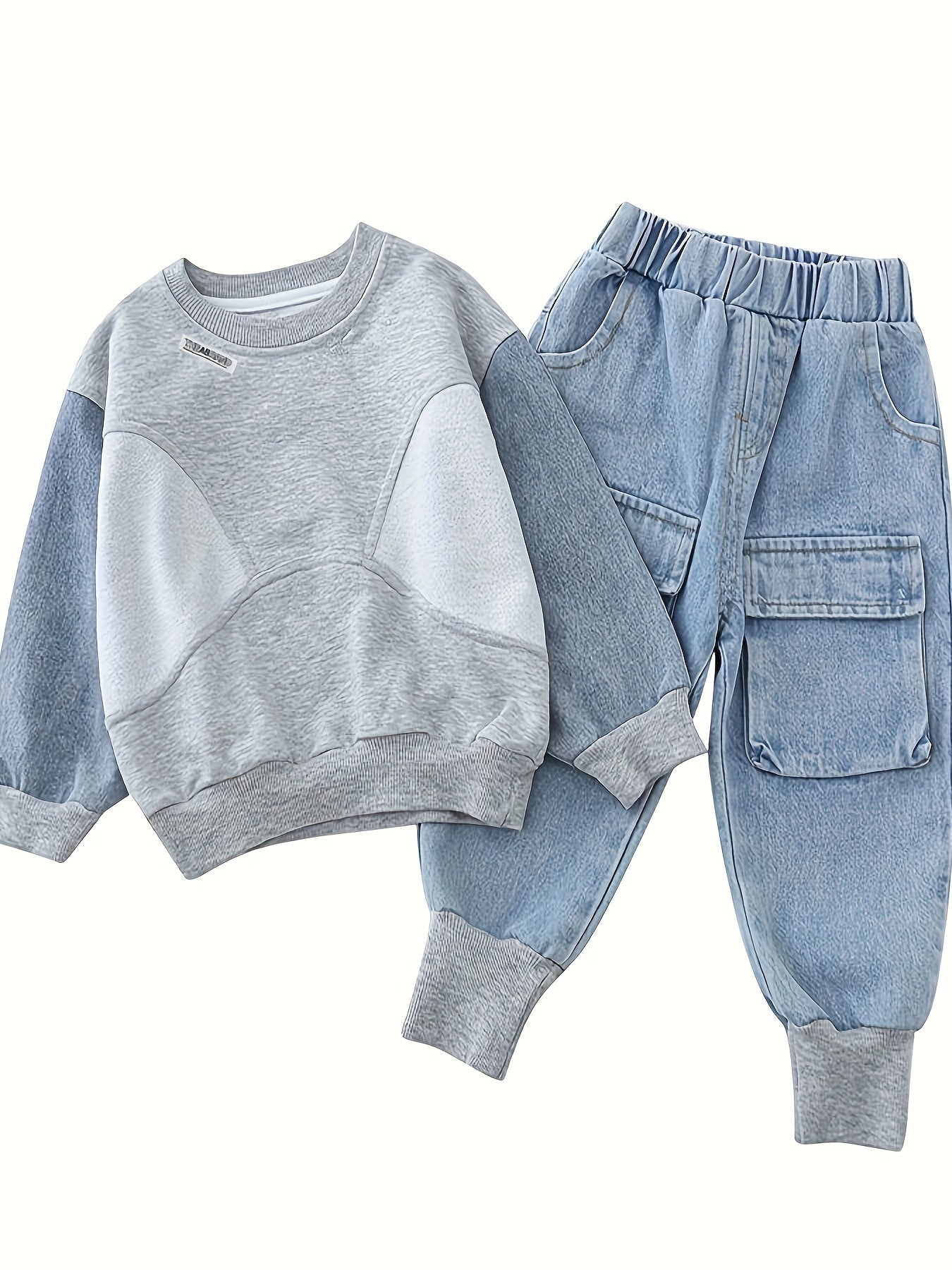 Baby Boy Spring Fall Color Block Sweatshirt and Denim Pants Set 12 Months+