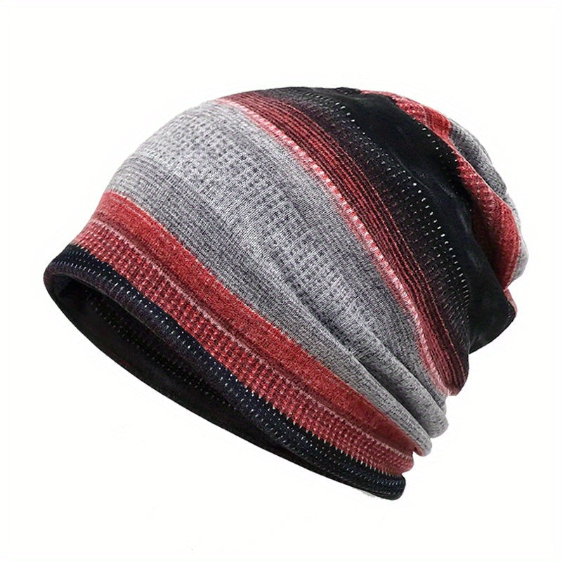 Unisex 2-in-1 Striped Beanie and Scarf Set Warm Winter Accessories