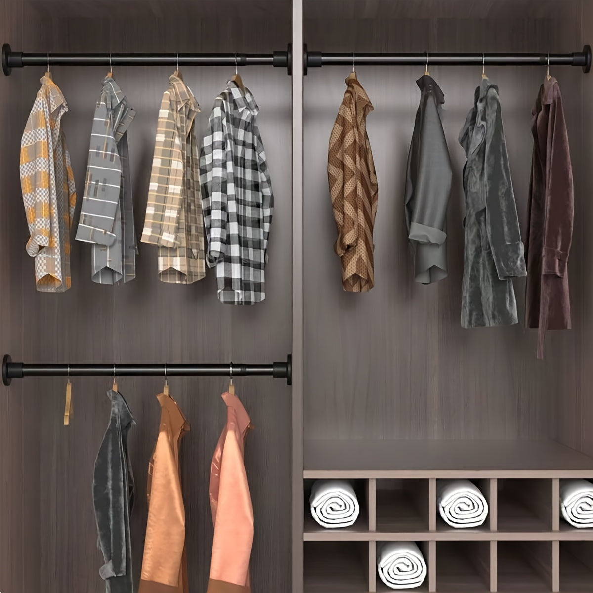 Ichki prujinasi bo'lgan teleskopik tayoq turli foydalanishlar uchun kuchli tortish kuchini ta'minlaydi, masalan, dush pardalari, quritish tokchalari, deraza bezaklari, Rim tayoqlari va shkafni qo'llab-quvvatlash.