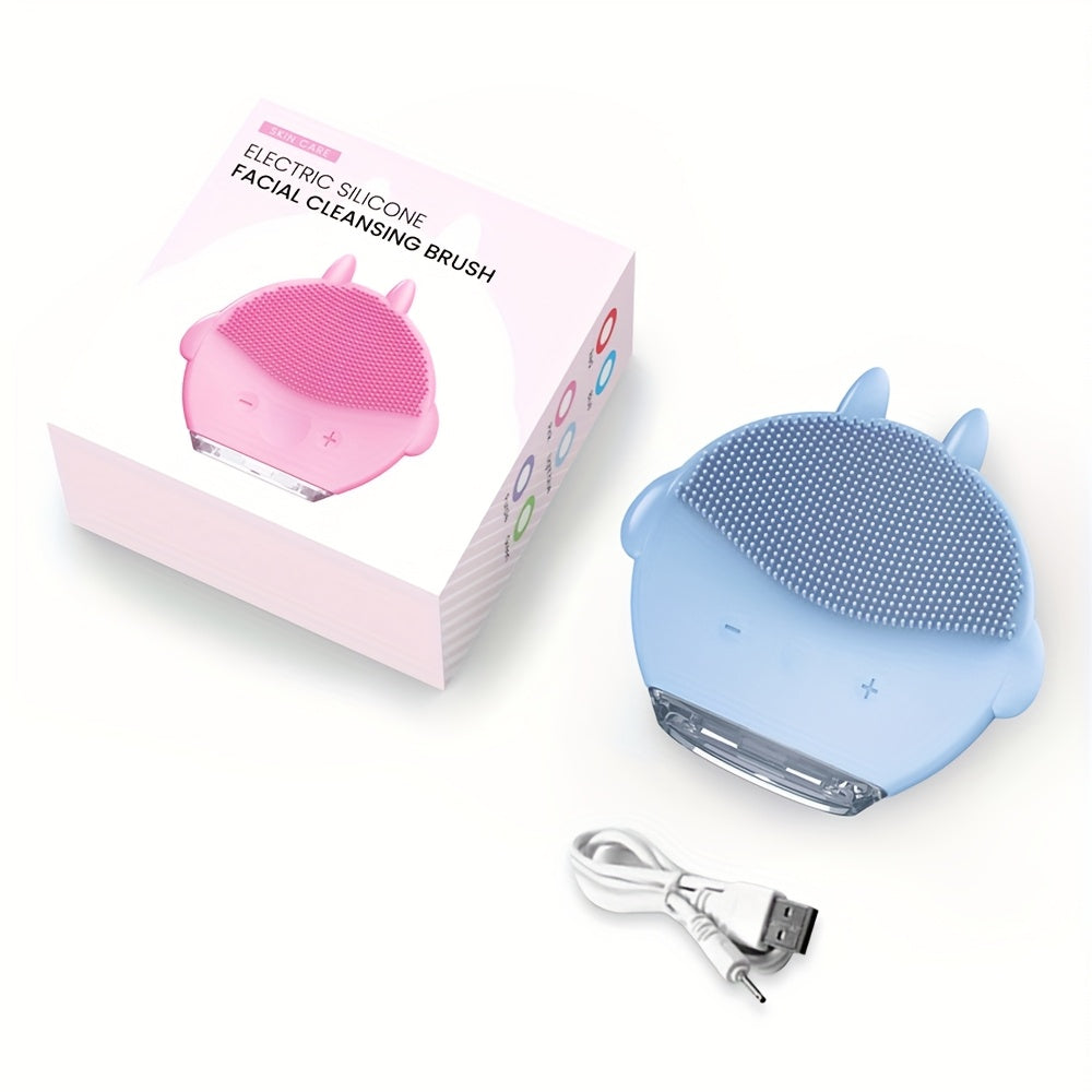 Mini Cartoon Electric Face Brush with 12 Massage Modes USB Rechargeable Exfoliating Skincare Tool