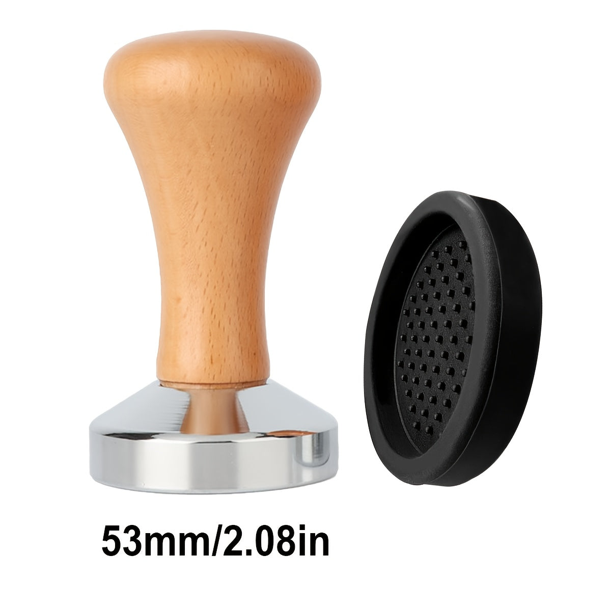 Premium yog'och tutqichi bilan zanglamaydigan po'latdan yasalgan tekis asosli espresso tamperi - Silikon mato bilan birga, optimal tayyorlash uchun zanglamaydigan dizayn (53mm, 51mm va 58mm o'lchamlarda mavjud)