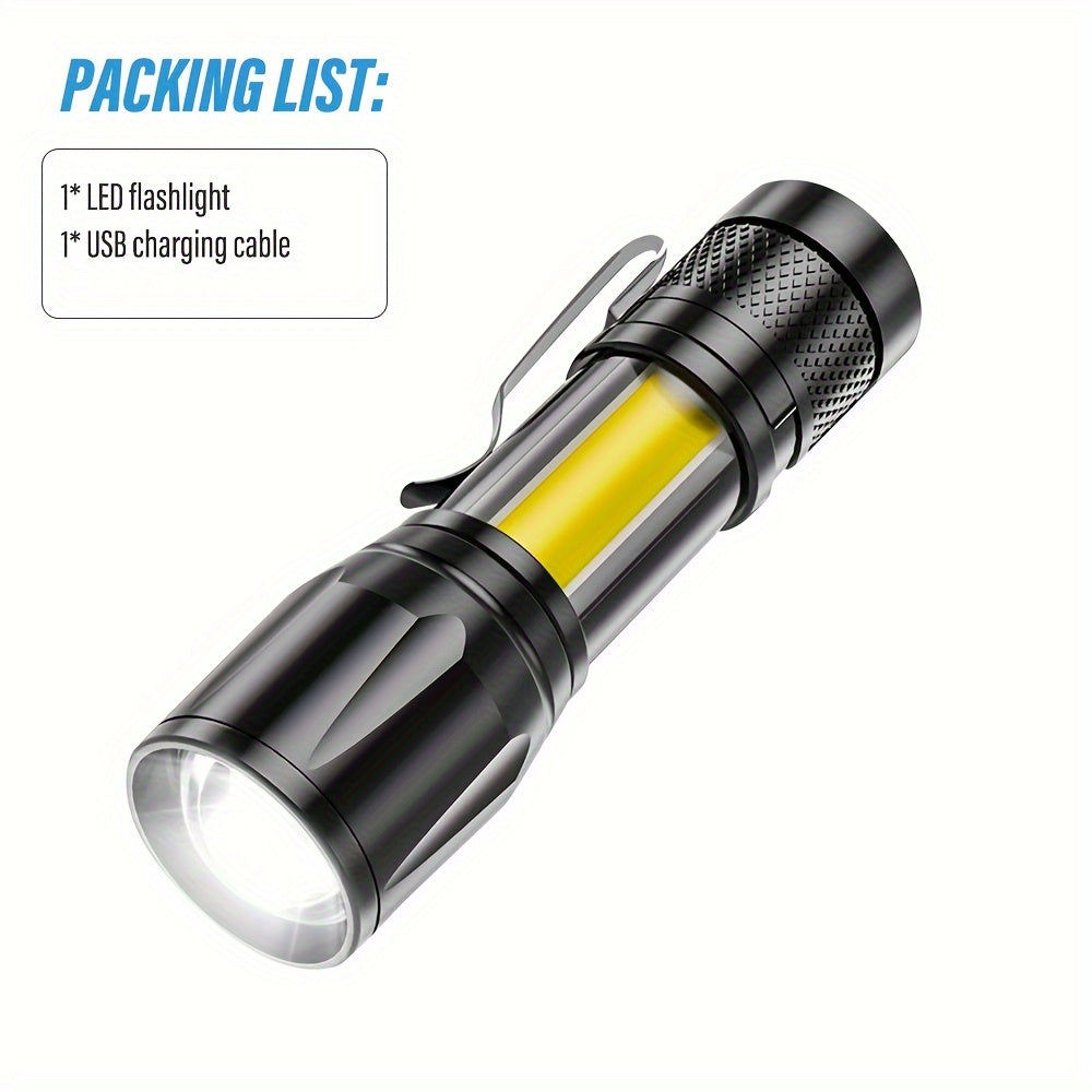 Mini LED Flashlight Rechargeable Portable Work Light with Zoom COB Side Light for Camping Hiking Outdoor