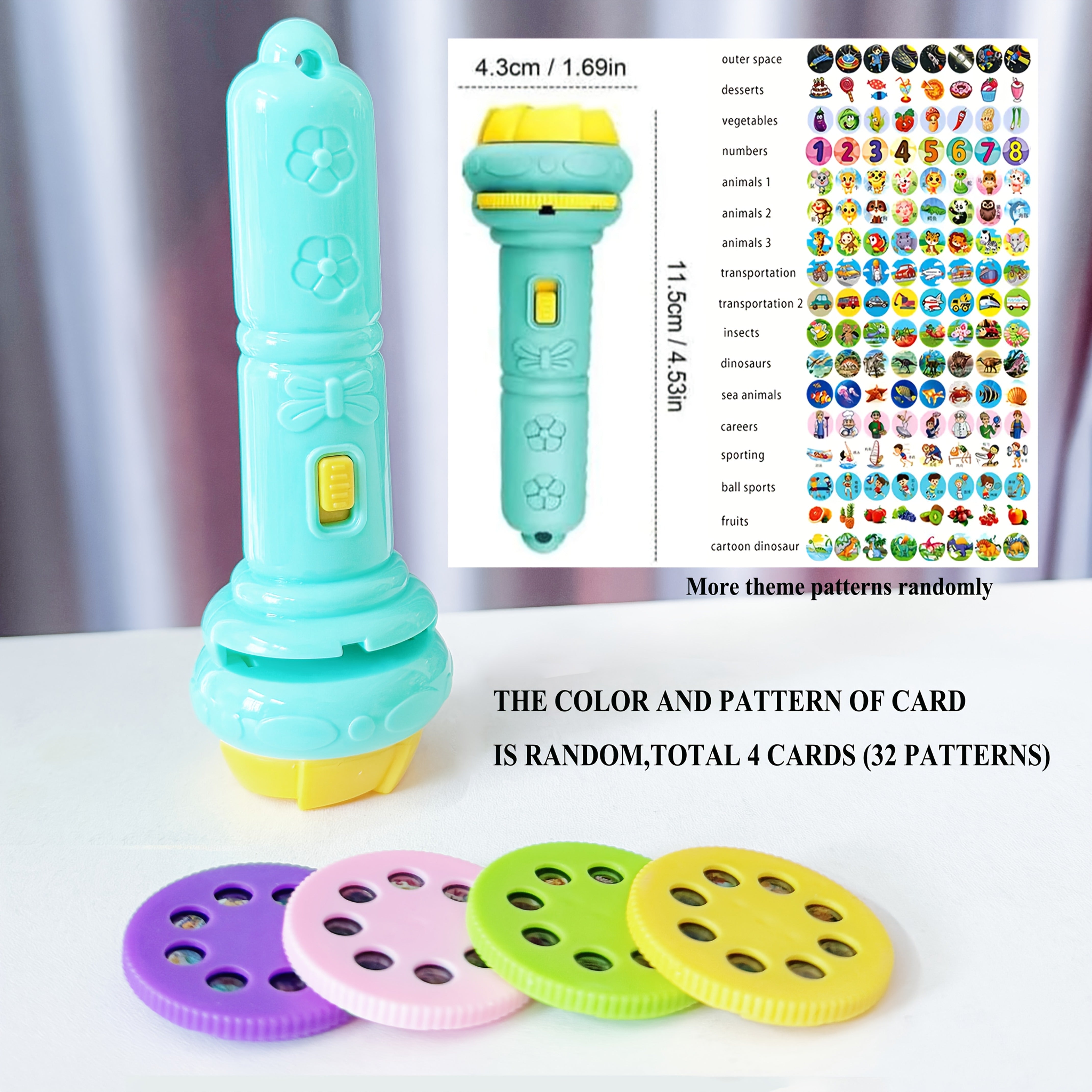 Educational Toy Projector Flashlight for Kids with 32 Dinosaur Animal Fruit Designs in Pink Purple Green Blue