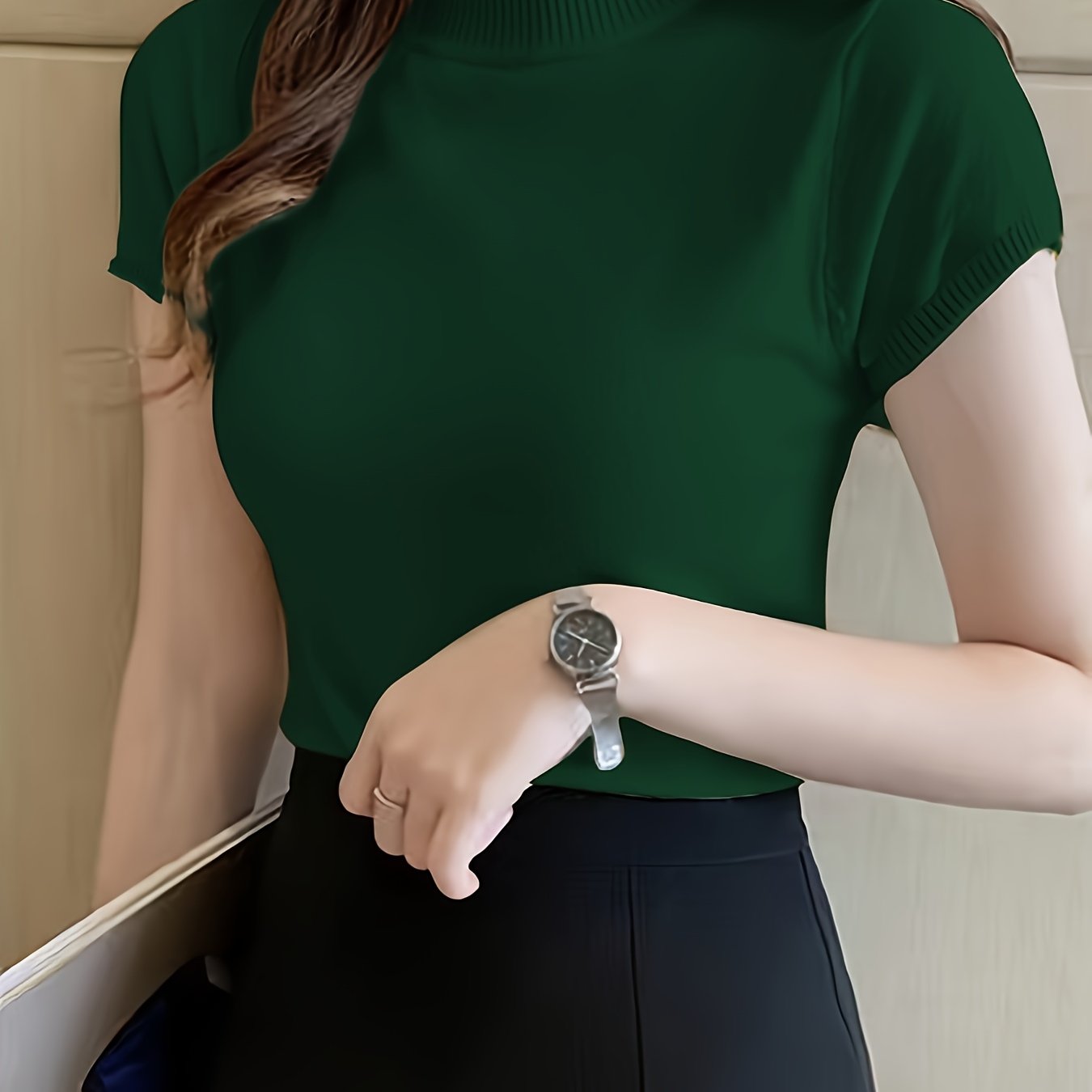 Women's Solid Knit Mock Neck Sweater Short Sleeve Casual Slim Fit All Season