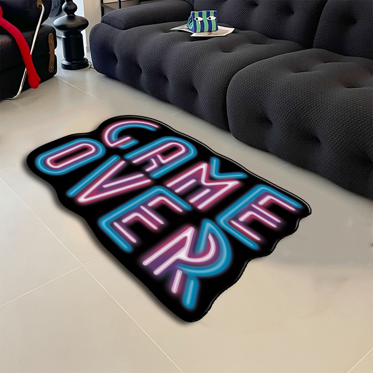 3D Fluorescent Lettering Area Rug Game Over Design Plush Anti-Slip Machine Washable Floor Mat for Living Room Bedroom Game Room