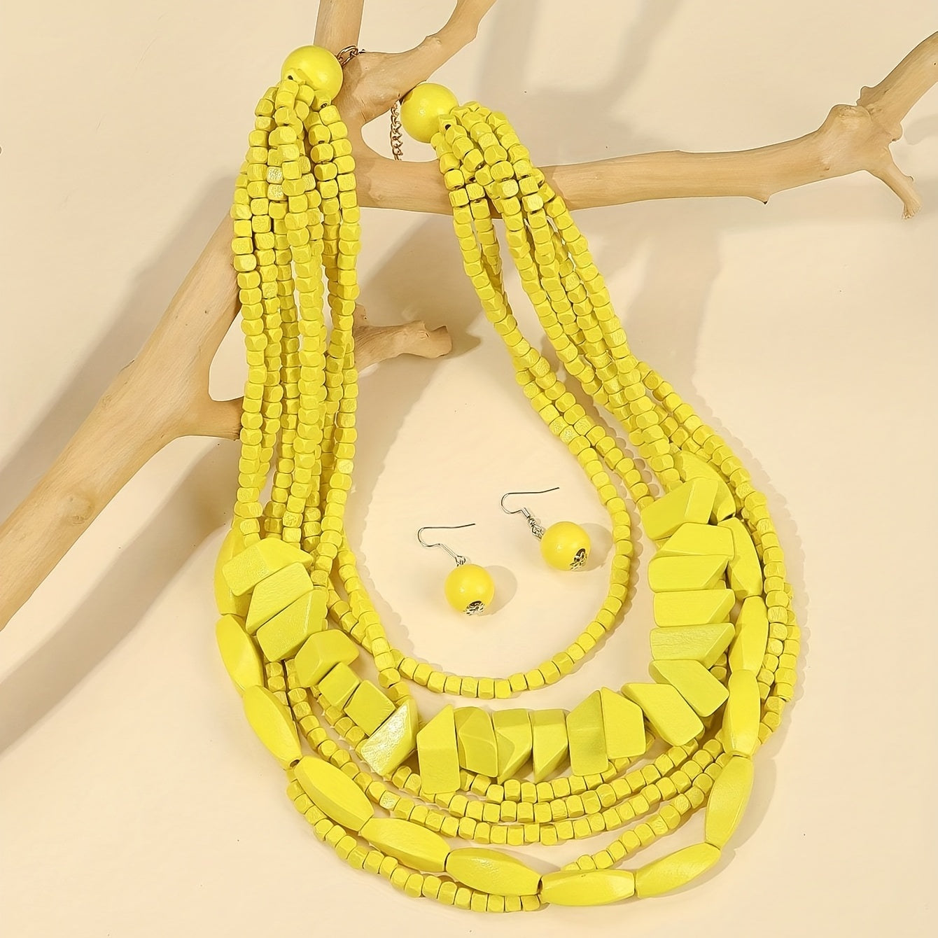 Bohemian Wooden Jewelry Set with Necklace Earrings and Chain in Multiple Colors