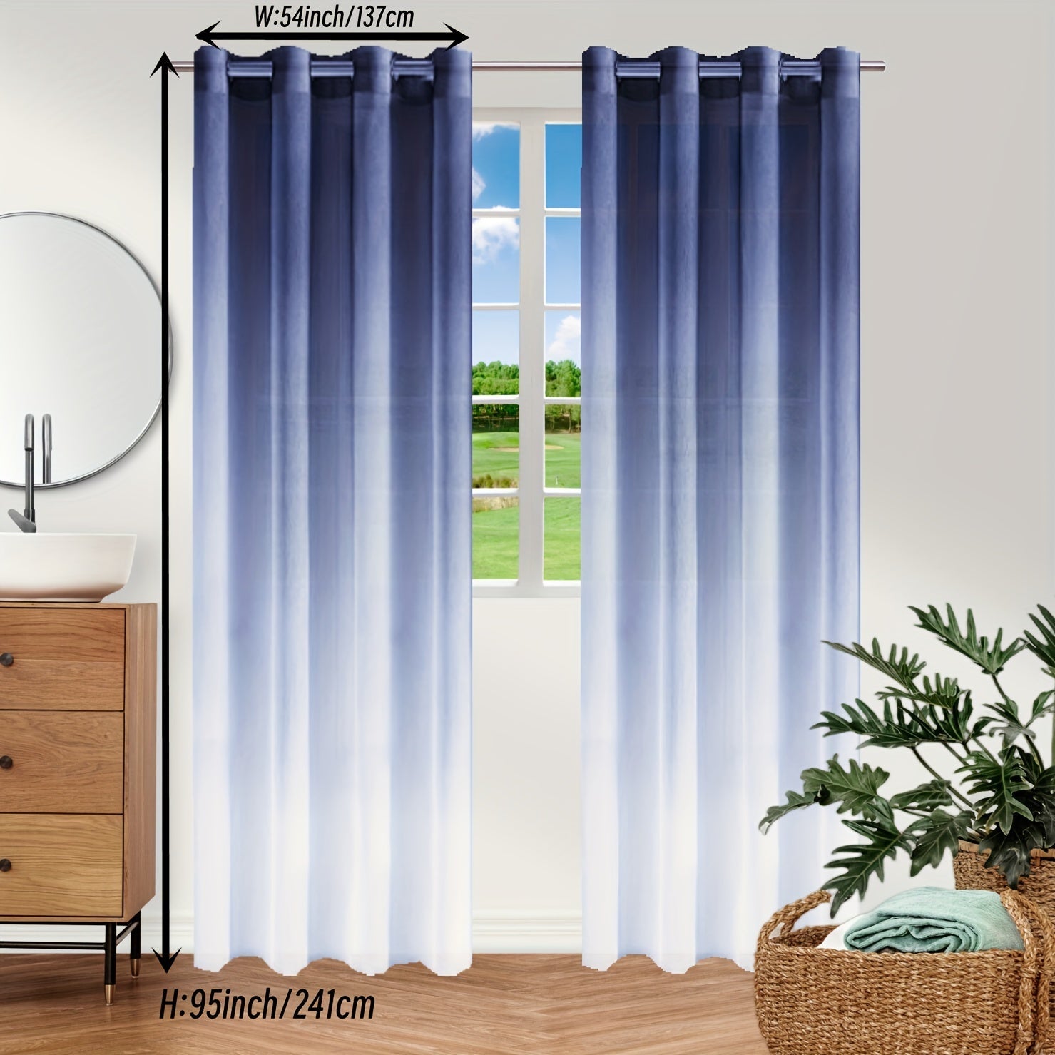 Bohemian Ombre Sheer Curtain Blue to White UV Protective Polyester for Bedroom Living Room
