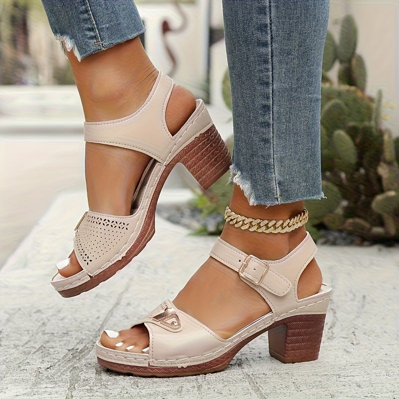 Women Light Blue Open Toe Block Heel Shoes with Gold Buckle