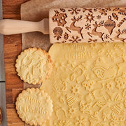 Festive Christmas Elk Print Wooden Rolling Pin Embossed and Laser Carved Kitchen Tool