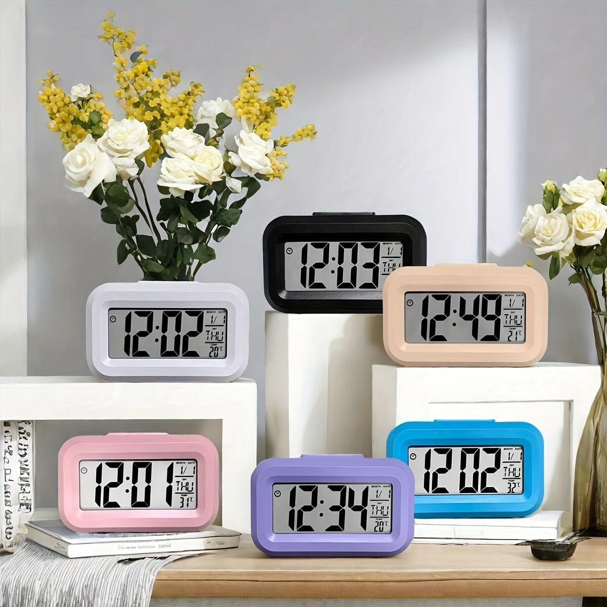 Pink Mini LED Desk Clock with Backlight Temperature Calendar Digital Display Battery-Powered