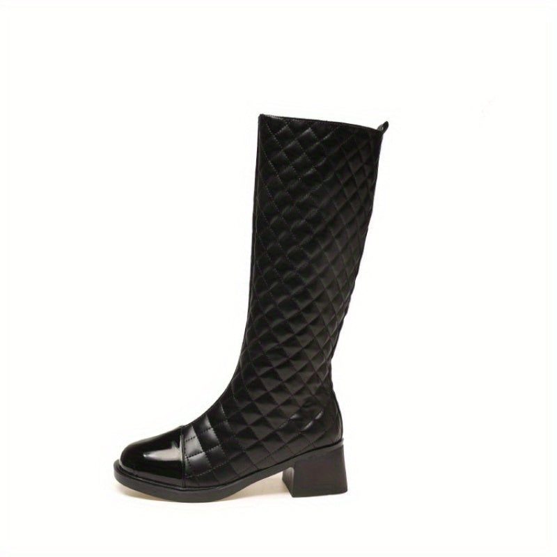 Women's Knee-High Faux Fur Lined Winter Boots Black Quilted Synthetic