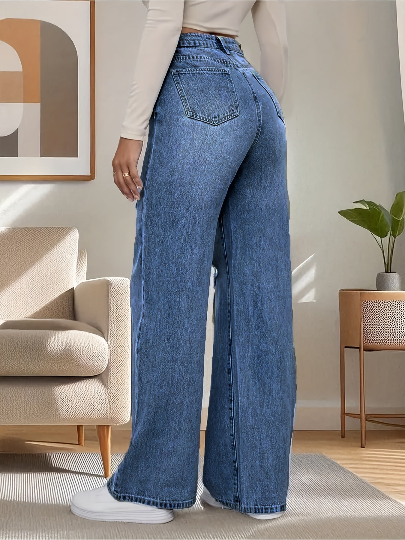 Women's Plus Size High-Waisted Ripped Jeans Stretch Denim Wide Leg Pants