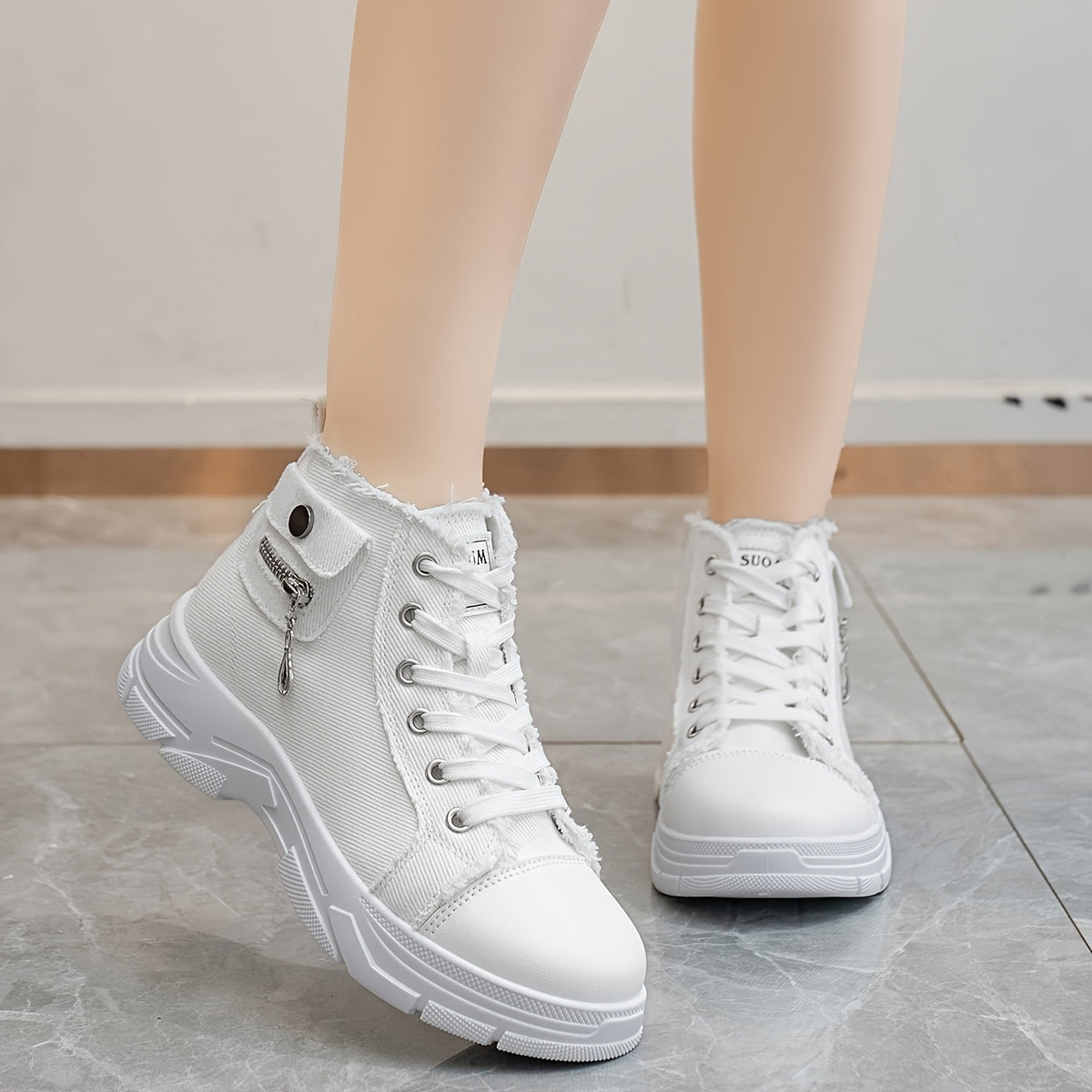 Women's Casual High-Top Sneakers with Thick PVC Sole and Breathable Denim