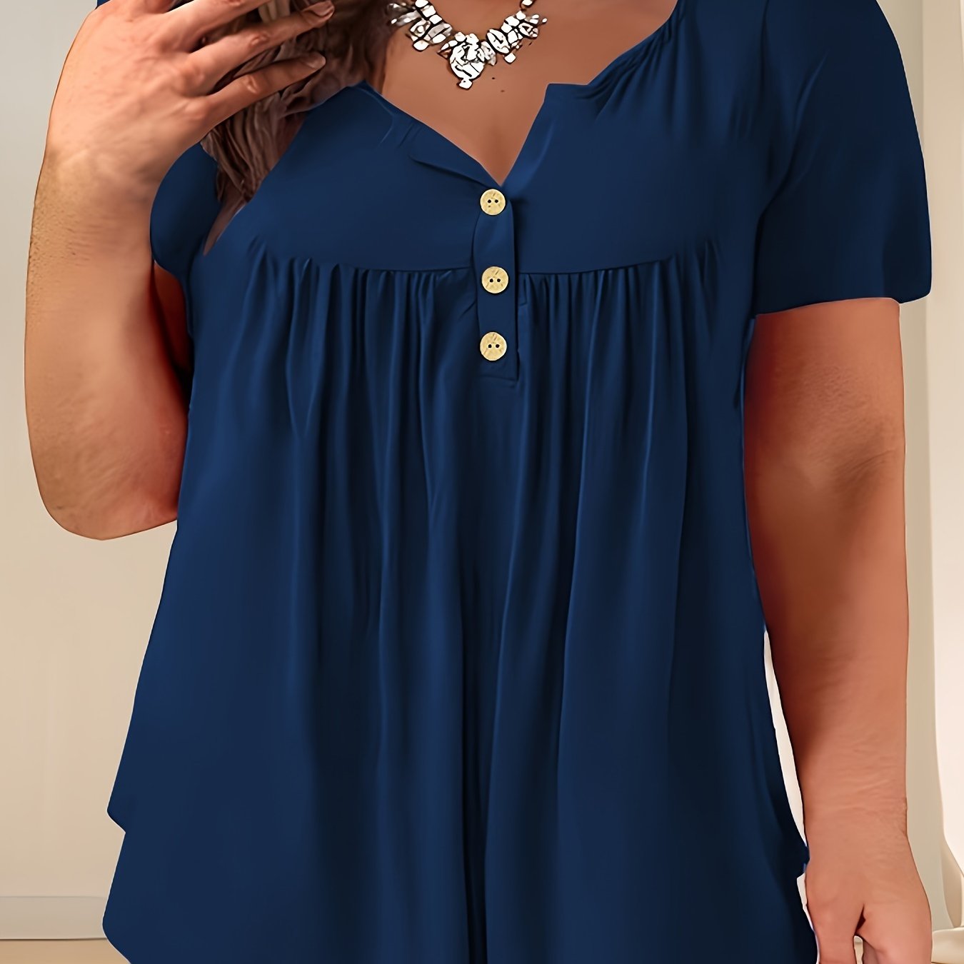 Plus Size Women's Navy Blue Casual Pleated T-Shirt with Crew Neck and Slight Stretch