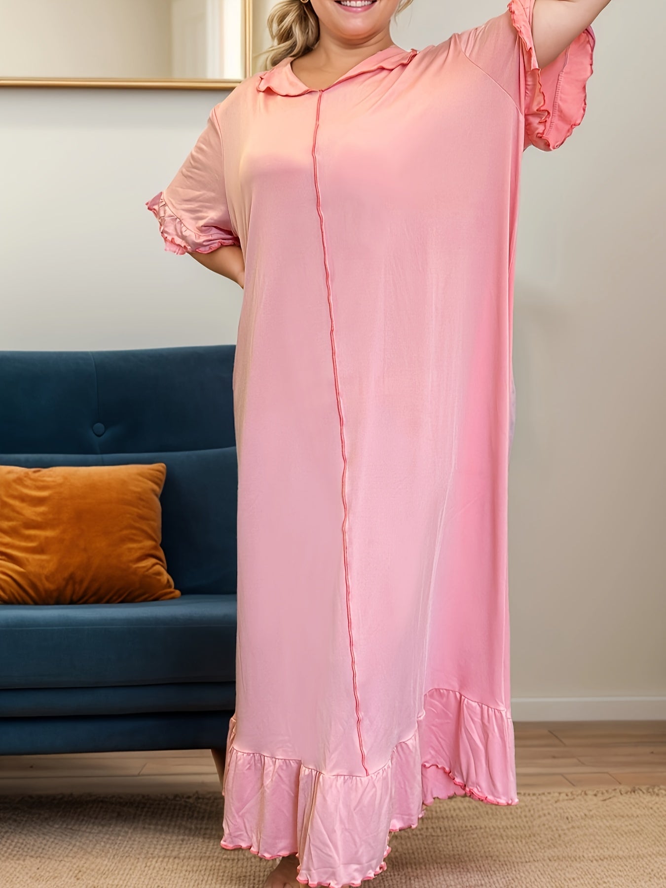 Vestido de dormir casual para mujer de talla grande con mangas cortas y dobladillo con volantes de poliéster