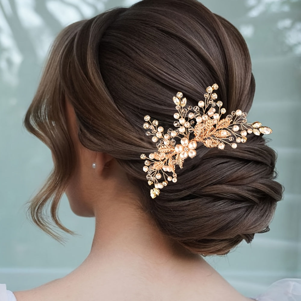 Bridal Hair Comb Beaded Rhinestones Floral Wedding Accessory Y2K Style