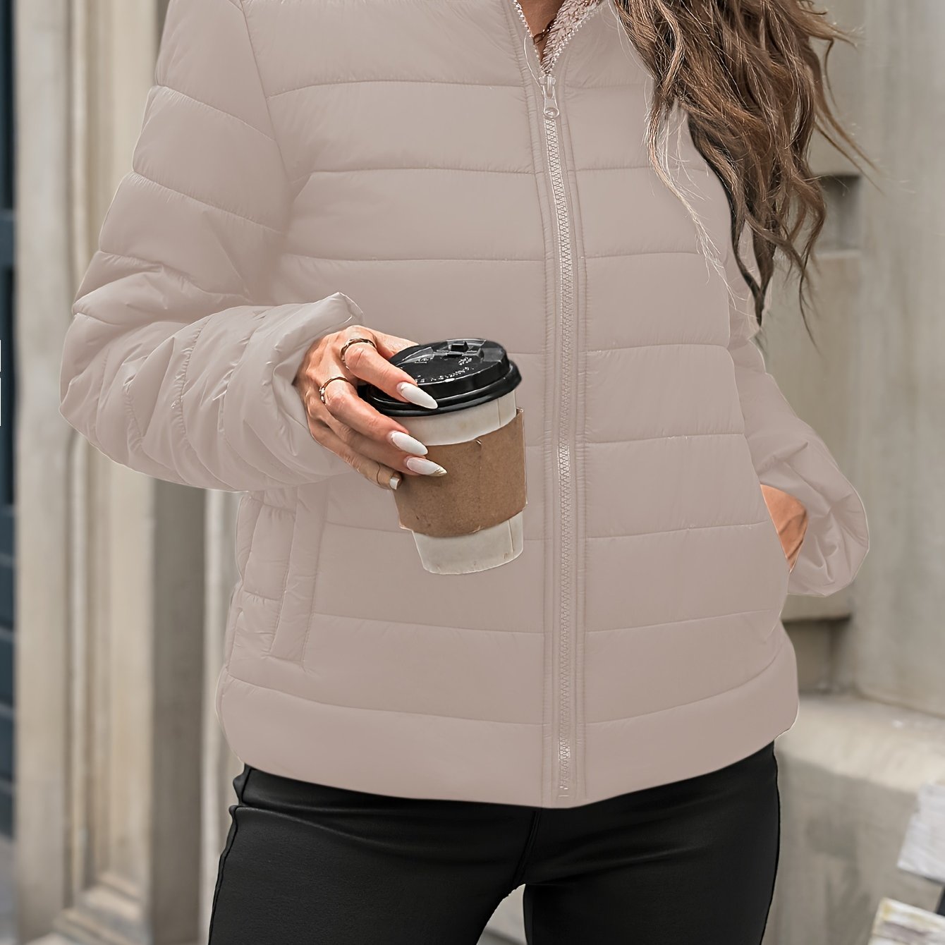 Women's Solid Color Nylon Warm Jacket with Long Sleeves and Zipper