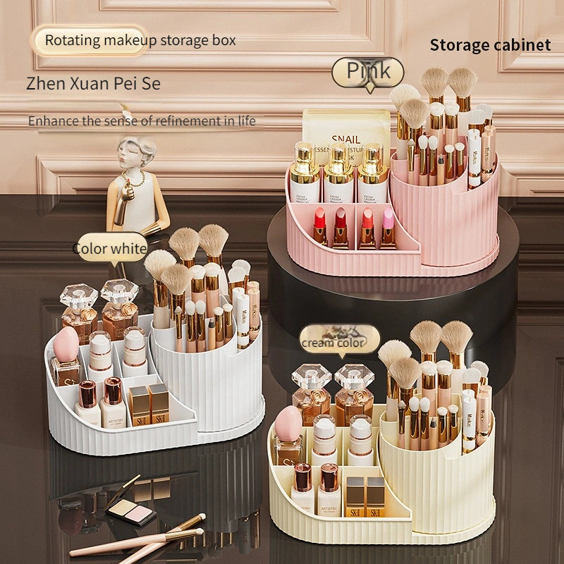360° Rotating Makeup Organizer Plastic Compact Storage for Brushes Lipsticks Skincare Stationery White Pink Cream