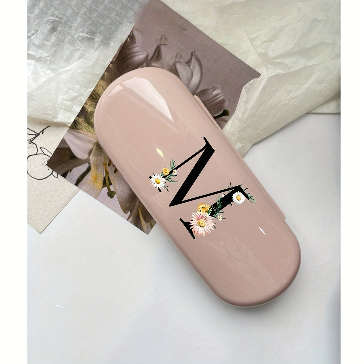 Pink Floral Monogram Glasses Case Waterproof Dustproof Compact Plastic Storage Box for Men and Women