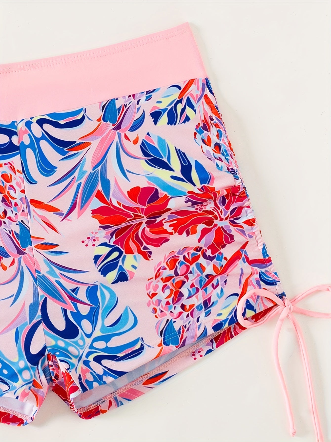 Conjunto de bañador floral de cintura alta para mujer con top de anillo y pantalones cortos con cordón