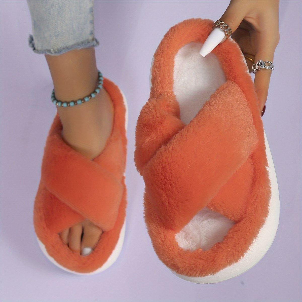 Women's Faux Fur Slippers with EVA Sole Indoor House Shoes