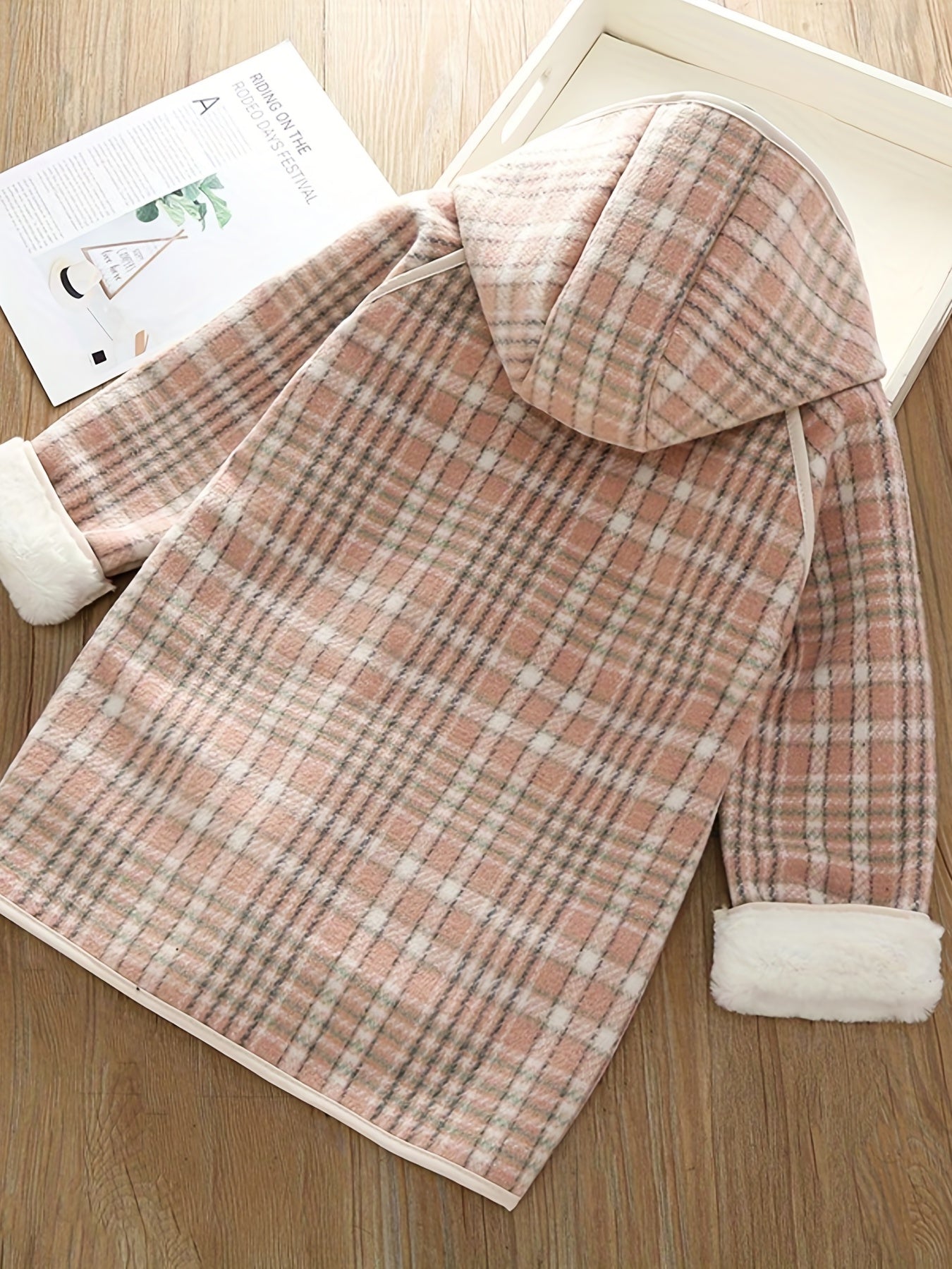 Girls' Winter Fleece Plaid Overcoat with Hood and Pockets for Kids