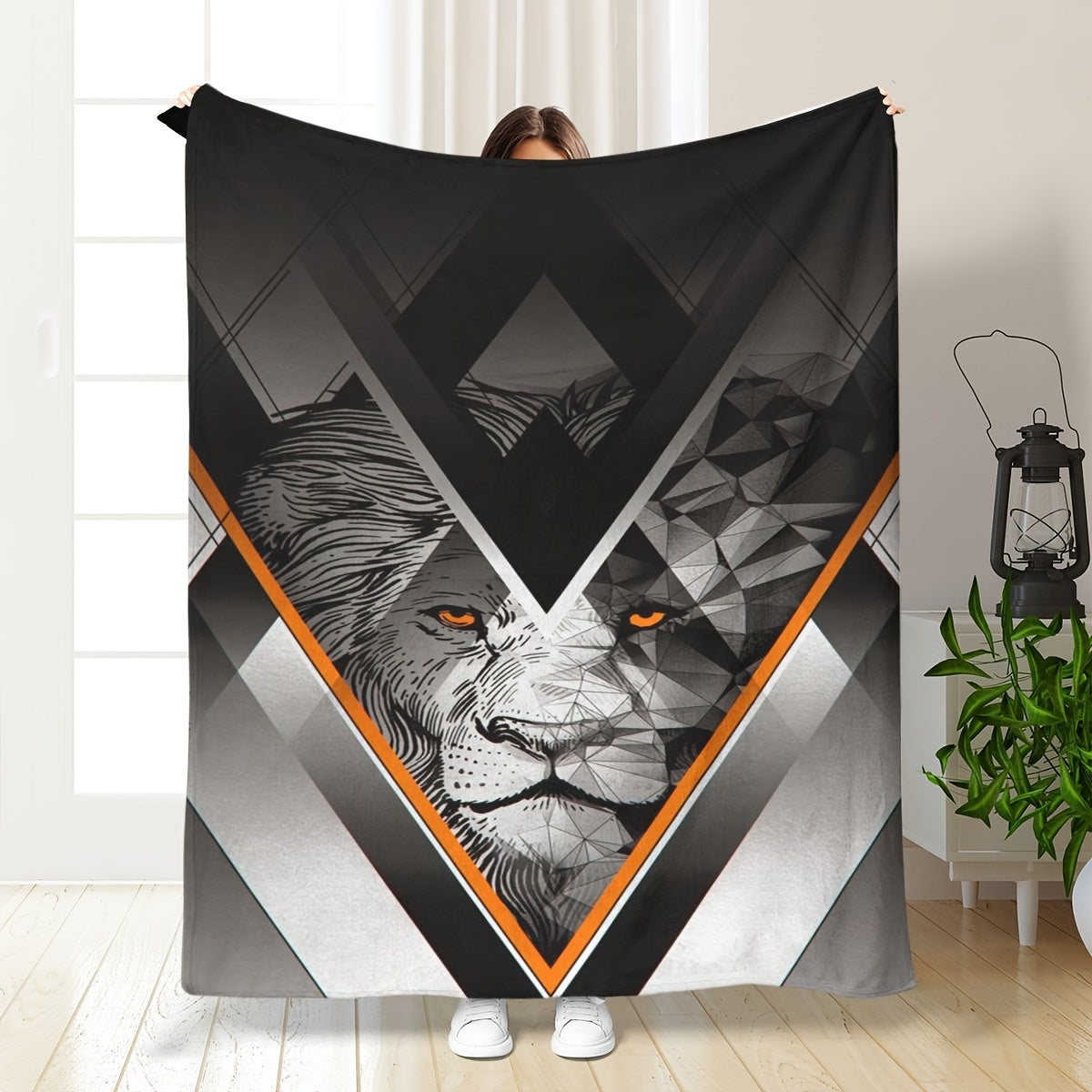 Lion Print Chunky Knit Polyester Blanket for All Seasons