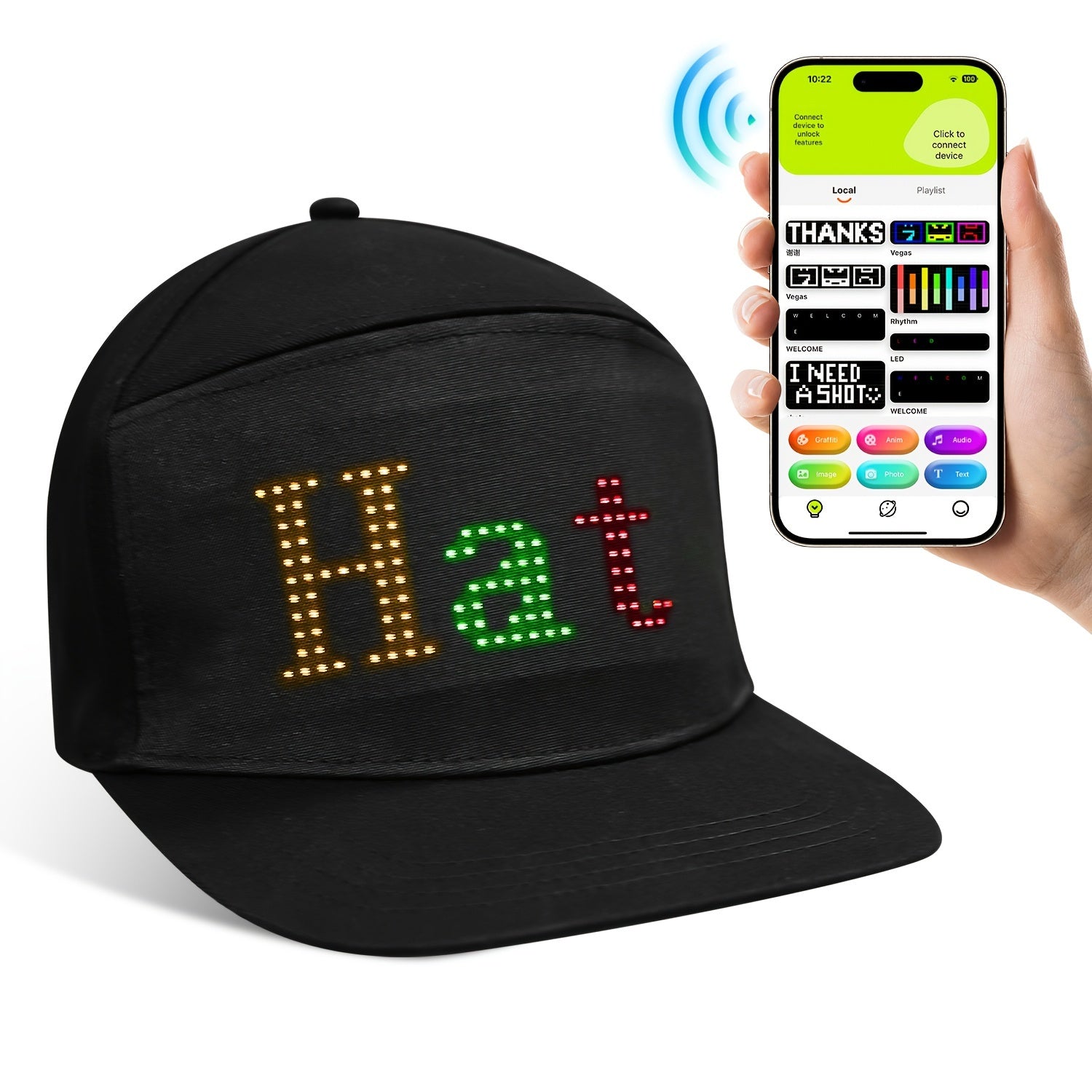 Gorra de béisbol con luz LED y pantalla de matriz a todo color, control por aplicación inalámbrica, mensajes y animaciones personalizables