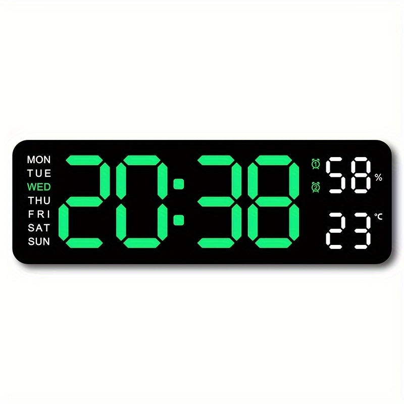 Large Digital Wall Clock with Dual Alarm Temperature Humidity Date Display