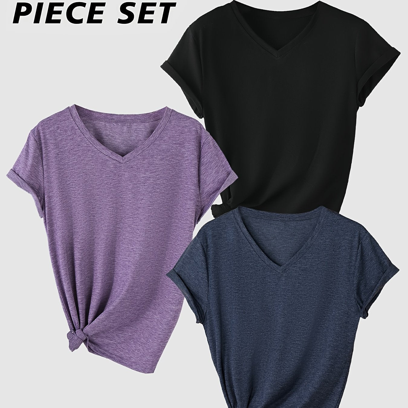 Short Sleeve V-Neck T-Shirt Set for Women Solid Color Rayon Casual Regular Fit