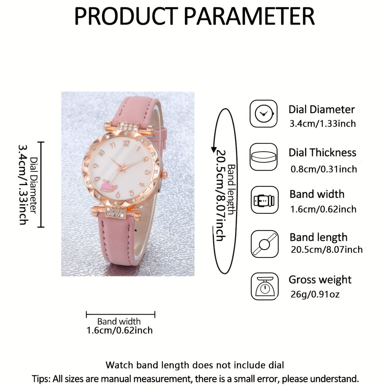 6 ta ayollar moda soatlari va zargarlik buyumlari to'plami, pushti faux charm, rhinestone aksessuarlar