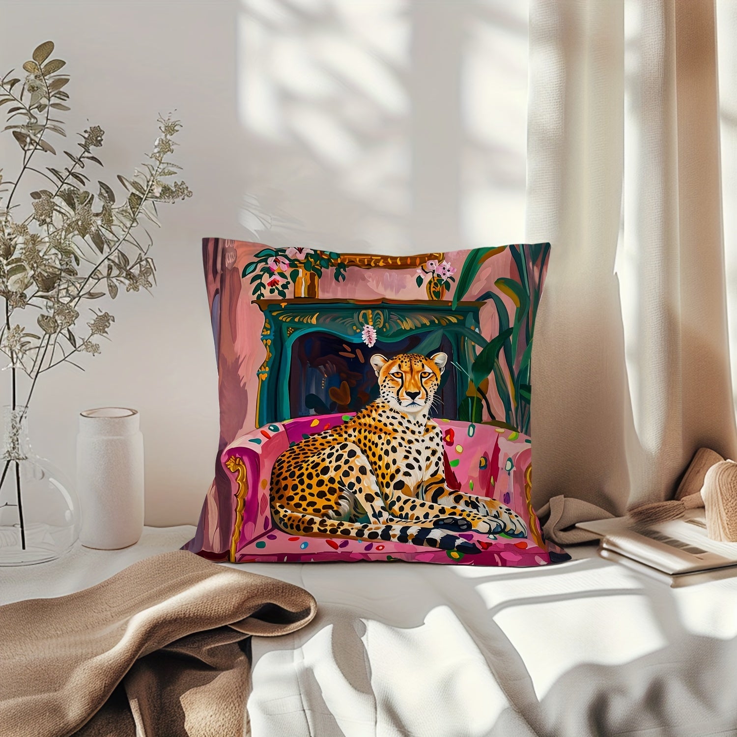 Cheetah Plant Throw Pillow Cover Fauvism Style 29.97x50.04cm or 44.96cm Square Farmhouse Decor for Couch Sofa Living Room Bedroom