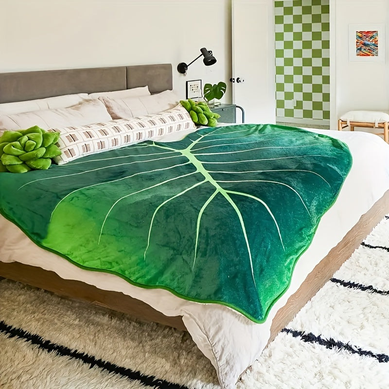 Manta de felpa con forma de hoja verde para niños y adultos, acogedora para siestas, viajes, sofá y cama