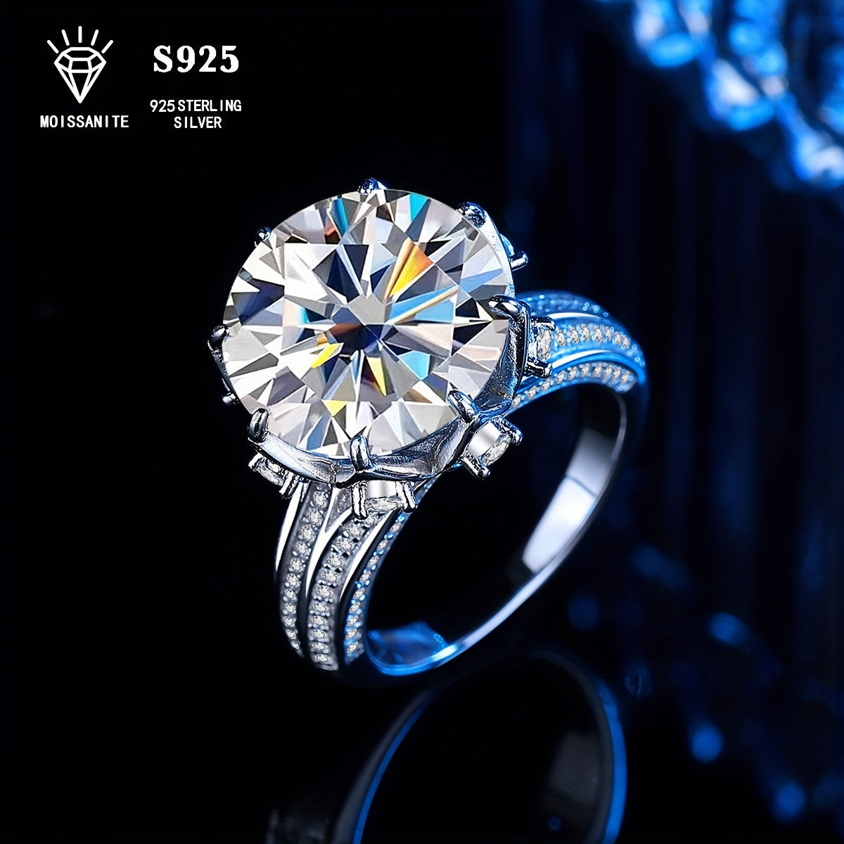 Anillo de compromiso de moissanita de 10ct para mujer, plateado, hipoalergénico, diseño de estrella, pavé