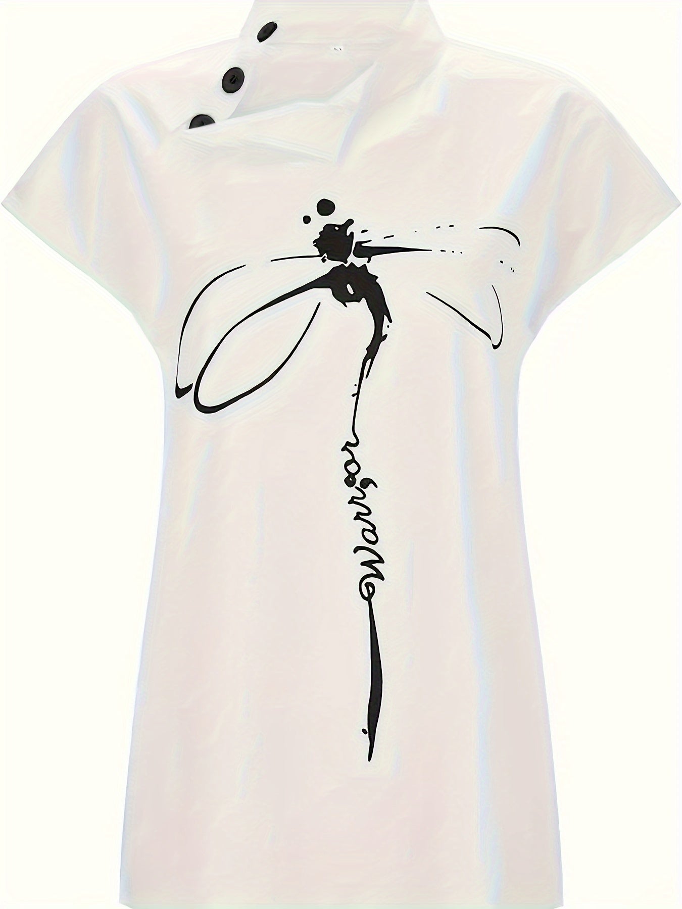 Women's Short Sleeve Blouse with Dragonfly Print and Button Details for Summer
