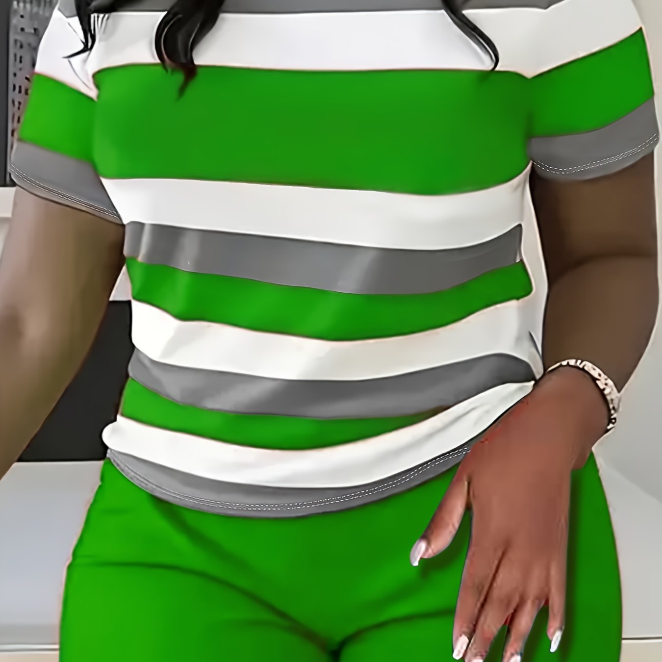 Women’s Plus Size Striped Short Sleeve T-Shirt Knit Polyester Sports Top