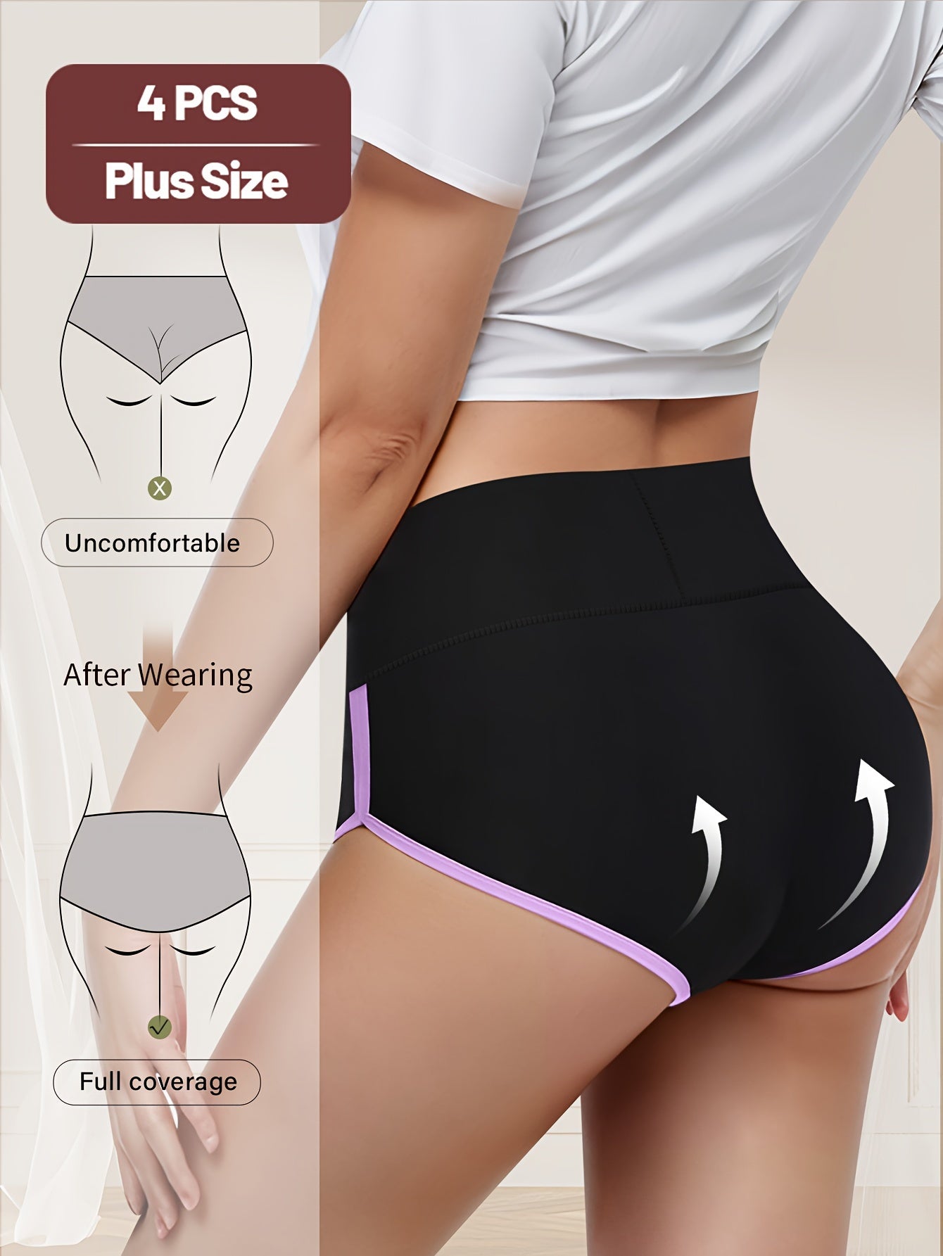 Plus Size Women's Panties 4 Pack Mid-Rise Tummy Control Colorblock Breathable Polyester