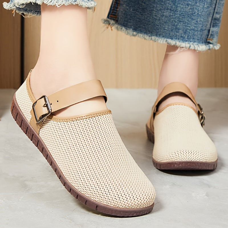 Women's Slip-On Loafers Knit Upper Soft TPR Sole Fashionable Buckle Black Beige